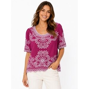 Anthropologie Solitaire Mauve Embroidered Rayon Top Puff Sleeve Boho Large